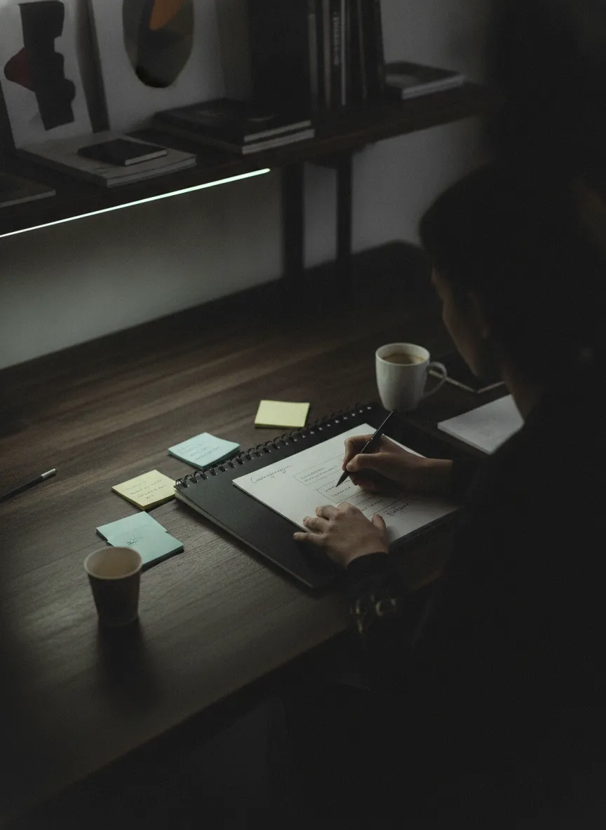 Brand strategist sketching a campaign plan in a notebook