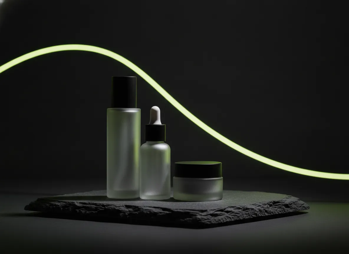 Tribes India campaign — minimalist product bottles on a dark stone podium