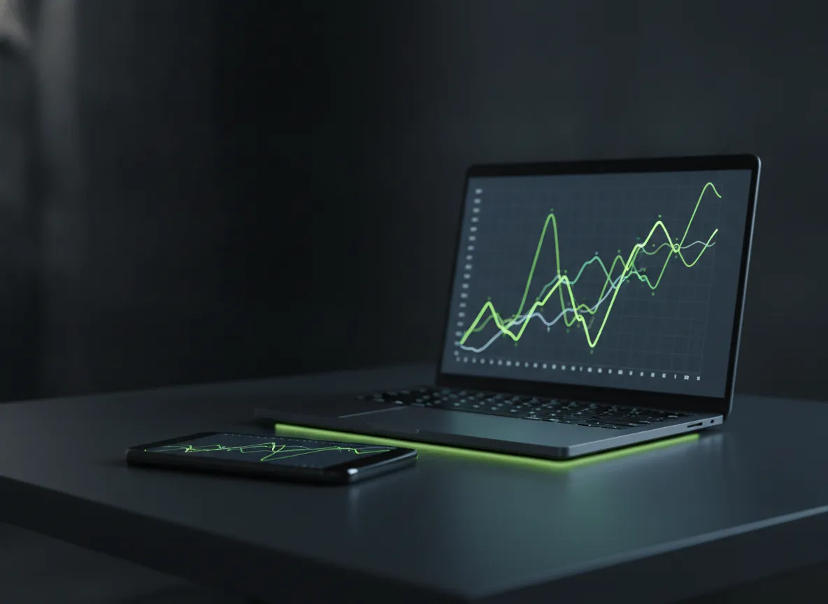 Binomo campaign — laptop and phone glowing with rising performance graphs